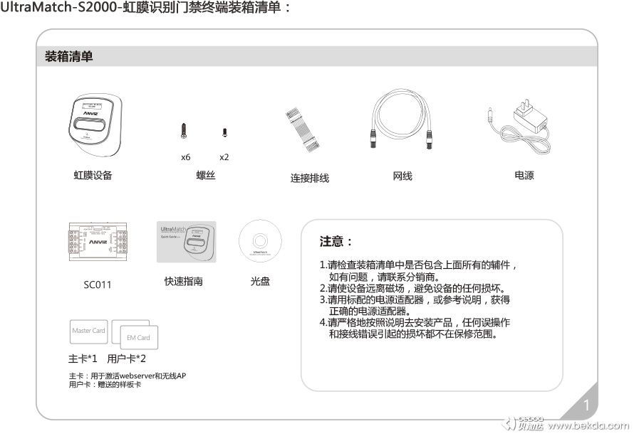 UltraMatch-S2000-虹膜識別門(mén)禁終端裝箱清單